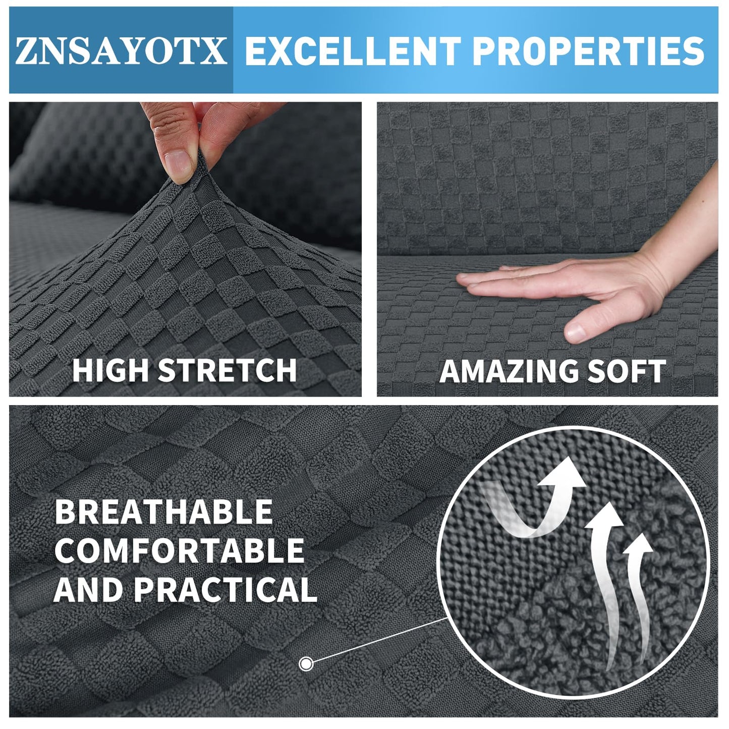 ZNSAYOTX Sectional Couch Covers, Stretch Jacquard Slipcovers with Elastic Bottom for L-Shape Sectional Sofa, 2 Pcs Pet Friendly Modular Sofa Protector (3 Seat Couch + 3 Seat Chaise, Dark Grey)