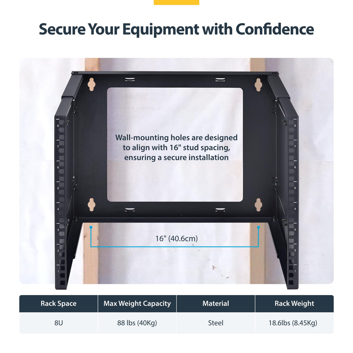 StarTech.com 2-Post 8U Wall Mounted Rack, Adjustable Depth up to 16in, for 19-inch Server/Data/Networking Equipment, Max 88lb