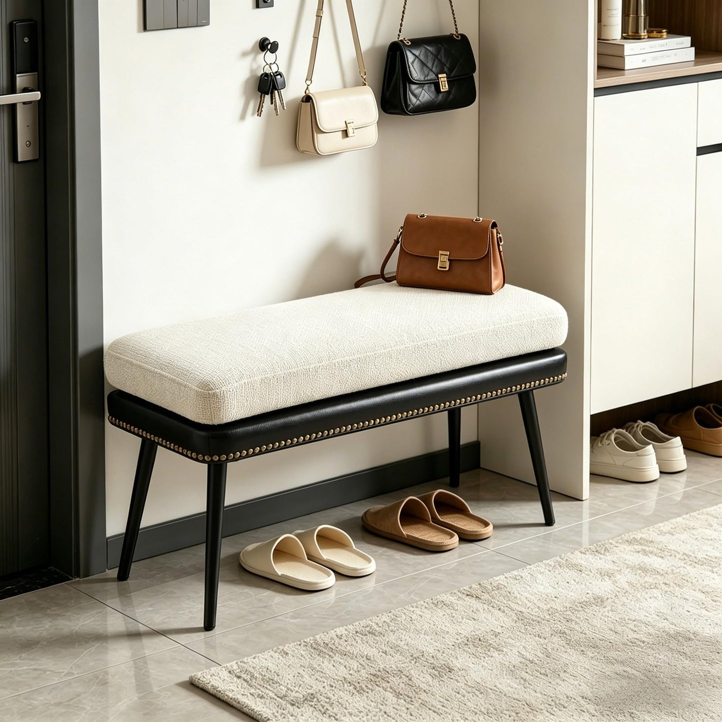Forteek 32" Retro Upholstered Entryway Bench, Leather & Fabric Shoe Bench with Removable Cushion, End of Bed Bench for Bedroom, Small Dining Bench for Living Room, Storage Bench for Hallway & Foyer