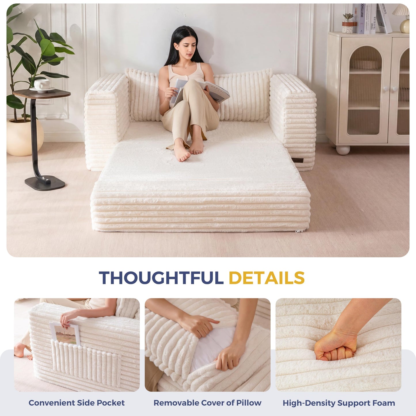 MAXYOYO Convertible Sofa Bed, 2 in 1 Folding Couch Bed for Small Space, Pull Out Loveseat Sofa Couch with Large Back Pillow, Plush Faux Fabric Lounge Couch for Living Room, Apartment, Beige