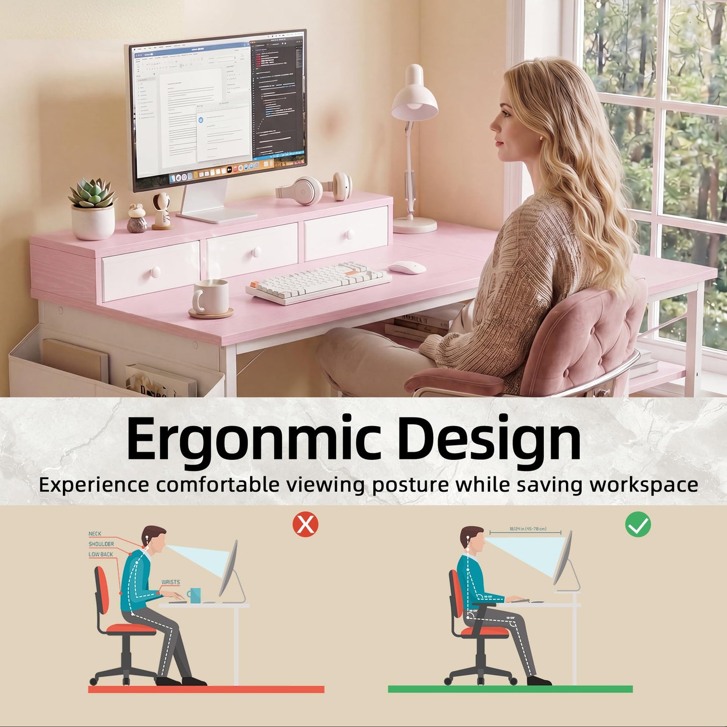 TIQLAB 40 Inch L Shaped Computer Desk with 3 Drawers & Power Outlets, Small Corner Desk with Reversible Shelves, Vanity Kids Writing PC Desk for Bedroom Home Office, Study Table for Girls, Pink