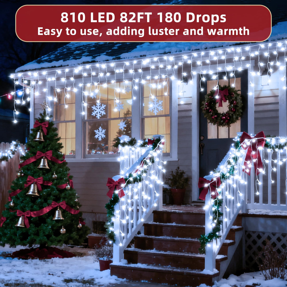 810 LED Christmas Lights Outdoor 82FT with 180 Drops, Christmas Decorations Hanging Lights 12 Modes, Dimmable Outsite Fairy String Lights for Wedding Party Holiday Winter Wonderland Decor Cool White