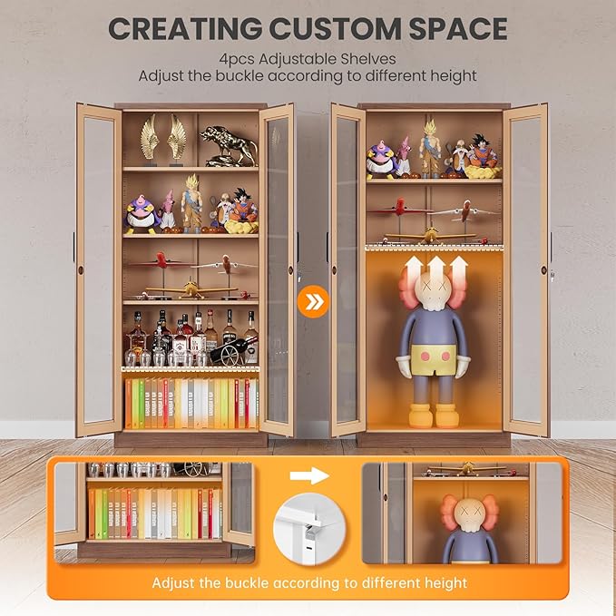 Locking Display Cabinet with Glass Door, 71”H Metal Curio Cabinets with