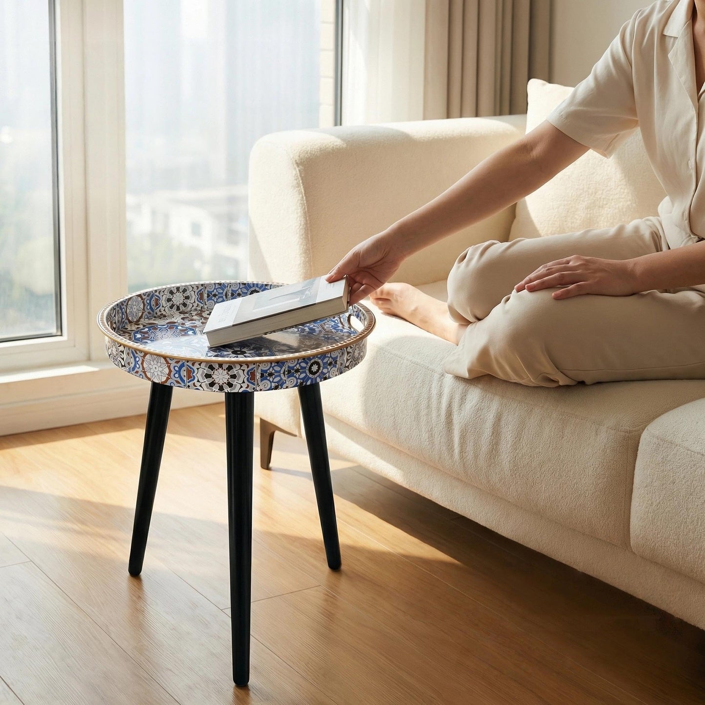 Zosenley Round Indoor Side Tables with Detachable Wooden 3 Legs, Versatile Tray Table, Perfect for Round Coffee Table Tea, and Relaxation Time 17.7 Inch (33 Bohemian)