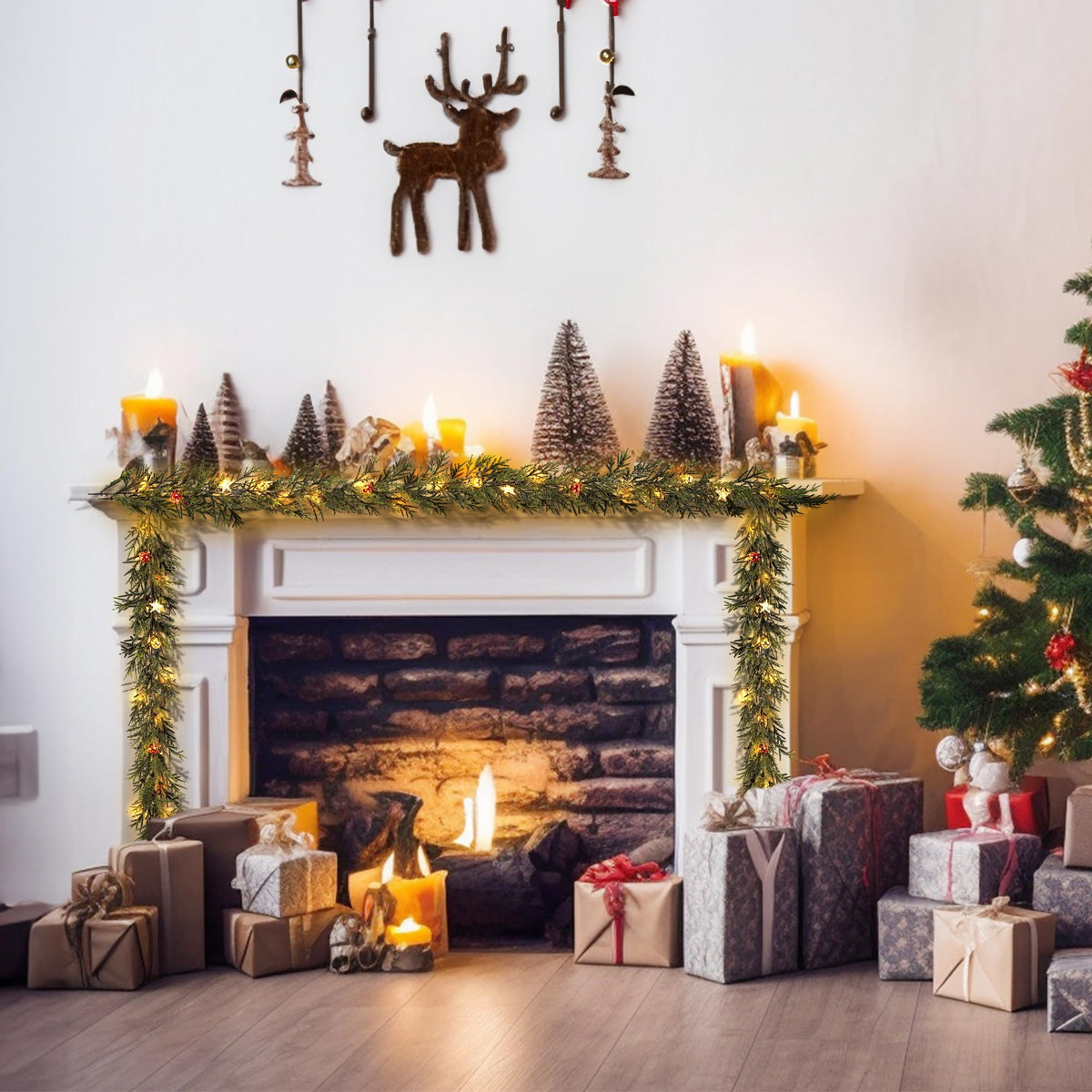 MINDELF 6 FT Artificial Christmas Garland, Faux Spruce Evergreen Garland with 20 LED Lights, Red Gold Ball Ornaments and Stars, Lighted with Timer, Perfect for Christmas Indoor Outdoor Decoration