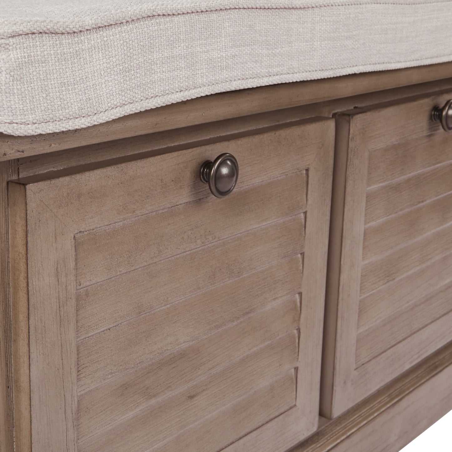 OSP Home Furnishings Dover Coastal Lift-Top Storage Bench with Shutter Face Styling, Antique Grey Finish with Off-White Linen Fabric Cushion