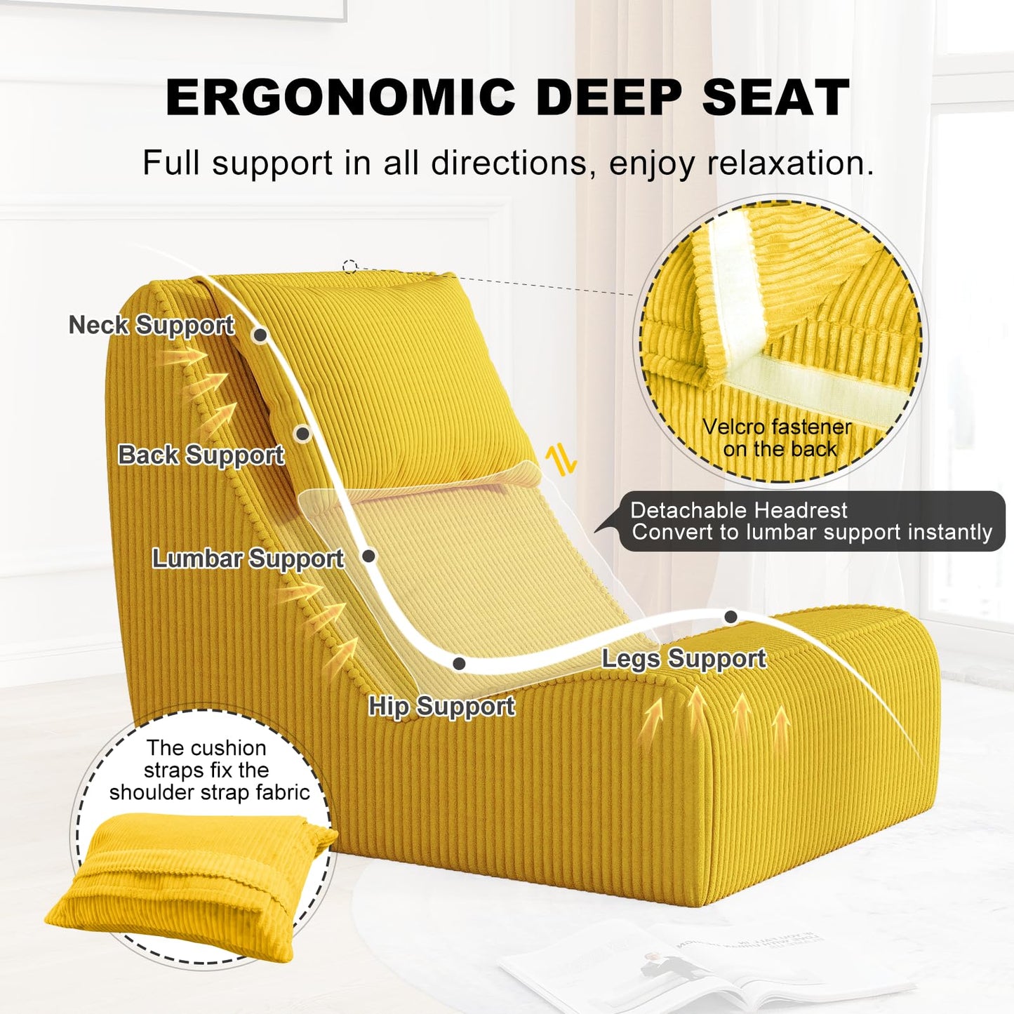 Giant Bean Bag Chair for Adults,Corduroy Chaise Lounge with Unrivaled Back Support, Detachable Neck Pillow, Comfortable Ottoman & Washable Cover for Living Room, Bedroom, Garden (Corn Yellow)