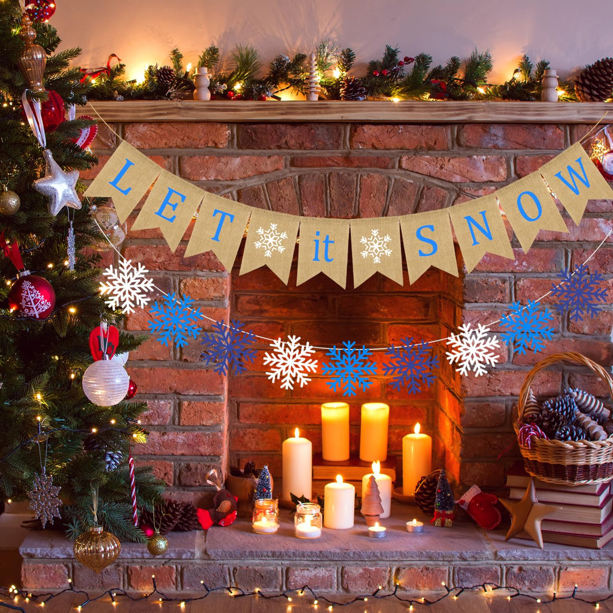 Doumeny Let It Snow Burlap Banner Winter Snowflake Garland Bunting Xmas Be Merry Bunting Banner Blue White Snowflake Party Banner Merry Christmas Hanging Banner for Holiday Home Fireplace Mantel Decor