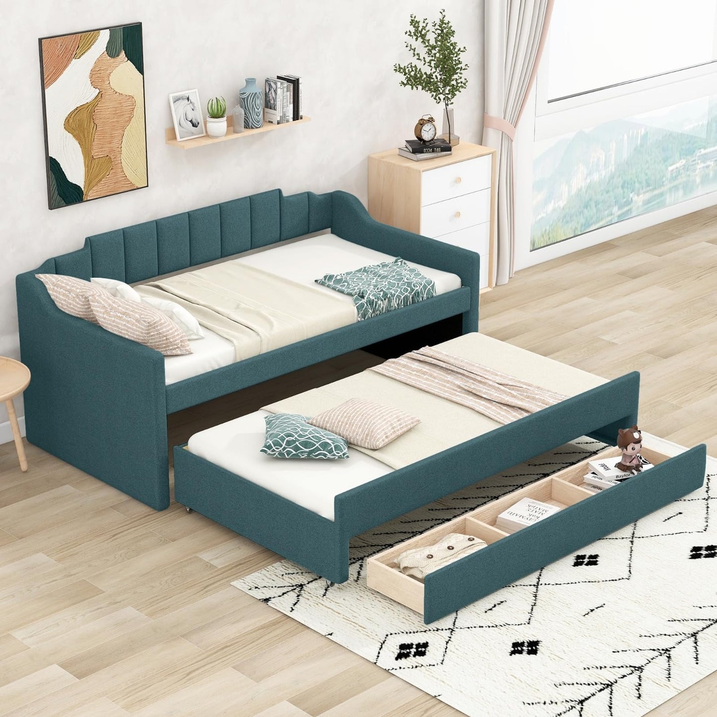 Bnyifoqi Green Upholstered Daybed with Trundle & Storage Drawers, Twin Size
