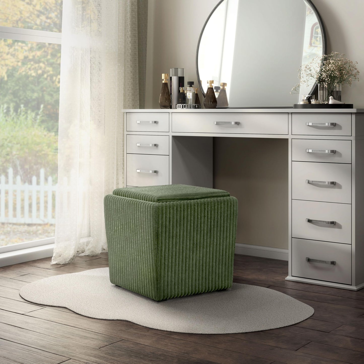 Furniture of America Lennox Modern Chenille 17-inch Square Storage Ottoman with Reversible Tray Top, Upholstered Footstool for Living Room, Bedroom, Entryway, Green