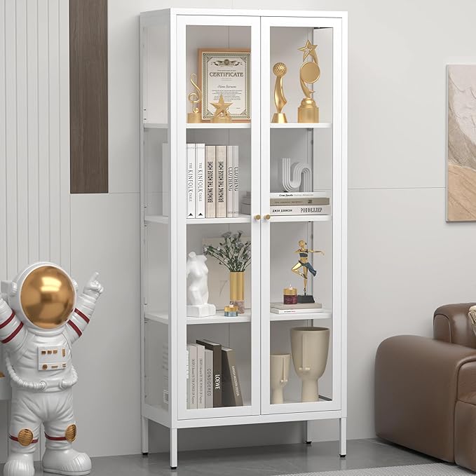 UNICOLY Display Cabinet with Glass Doors, Glass Display Cabinet 4-Tier