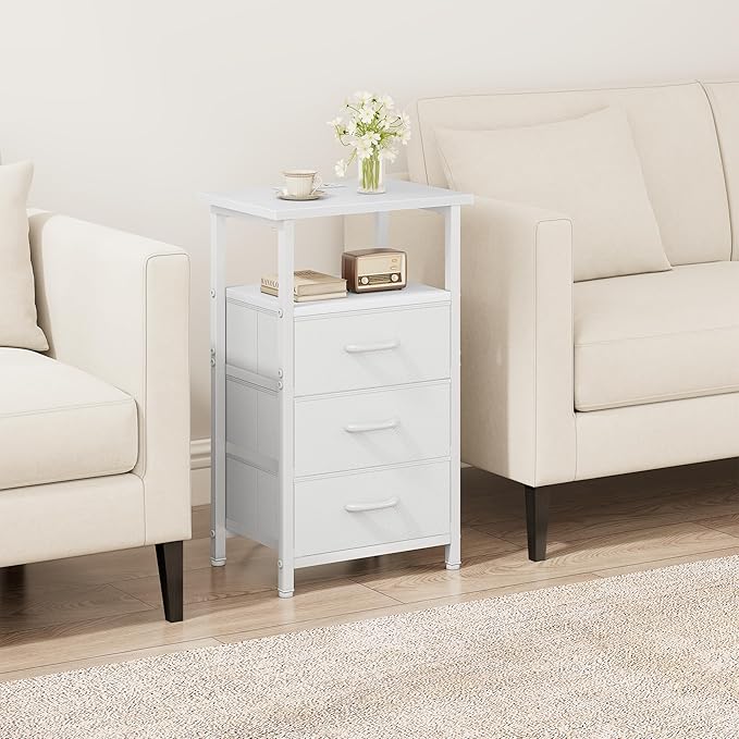 Vagusicc Nightstand with Charging Station, End Table Side Table with 3 Fabric