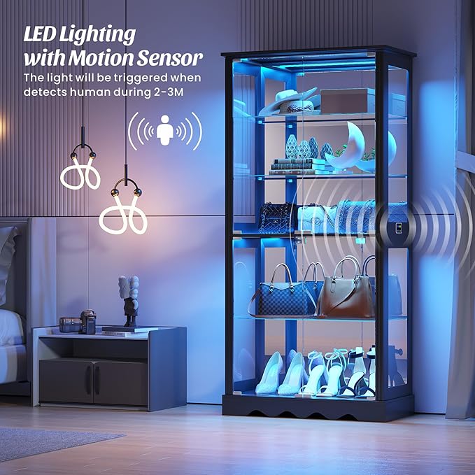 Dystler Display Cabinet with Glass Doors, LED Display Case with Removable Shelf