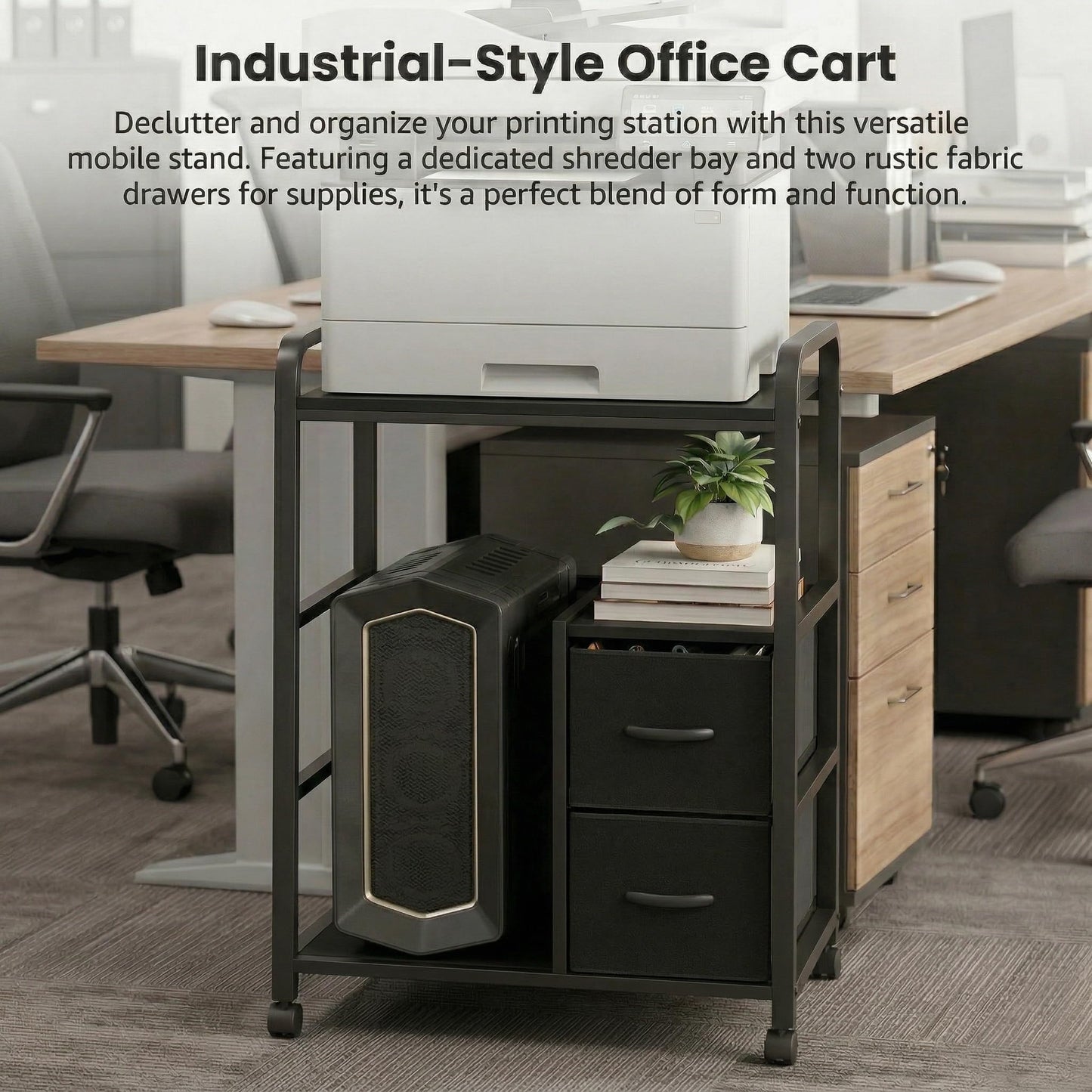 ZEXVIDA Printer Stand Featuring Fabric Drawers, Under Desk Host Computer Cabinet and Shredder Shelf, Heavy Duty Printer Stand with Storage Workstation Organization Printer Table for Home Office