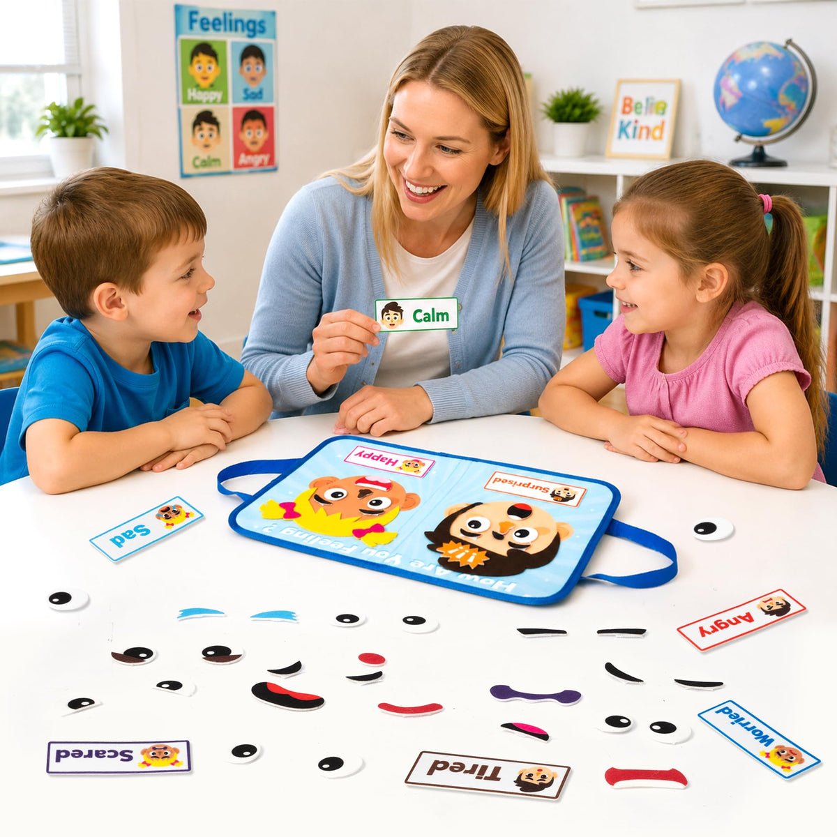 WATINC Travel Felt Board Story Set - Portable Felt Board Educational Birthday Gift for Boys Girls, Themed Storytelling Preschool Early Learning Interactive Play Kit for Toddlers (Emotional)