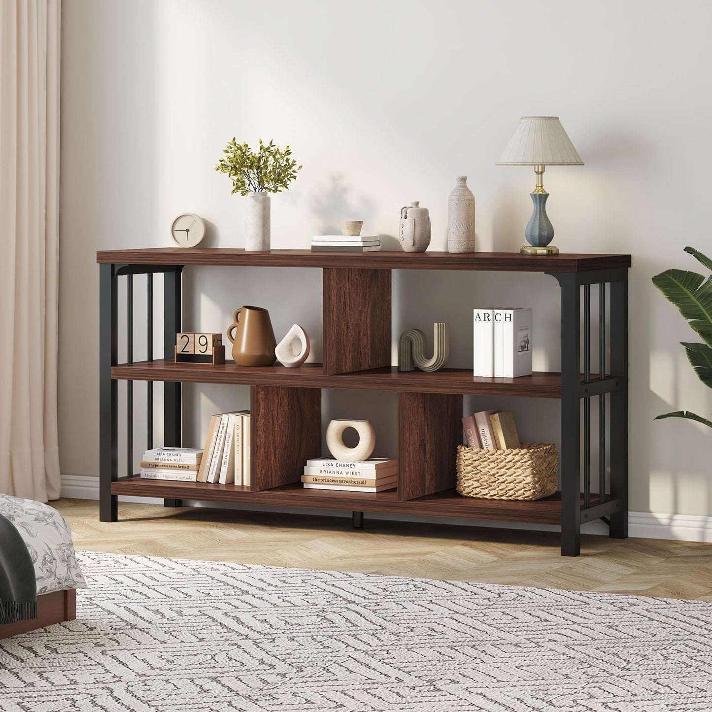 IBF Horizontal Bookshelf, Industrial 5 Cube Storage Organizer Open Shelf, Modern Wide Book Shelf for Bedroom Living Room, Rustic Wood and Metal Low Short Bookcase for Home Office, Walnut Oak, 47 Inch