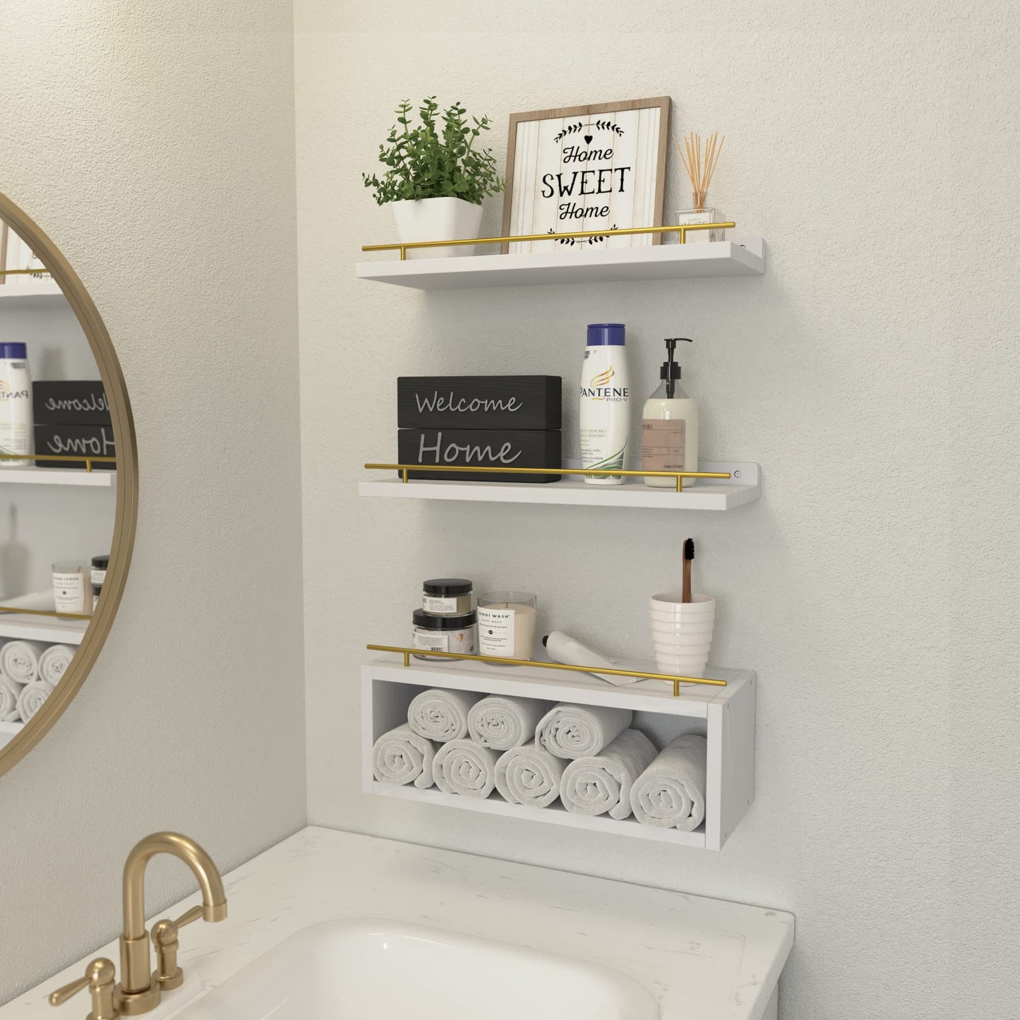 WOPITUES Floating Shelves for Wall with Cube Shelf, Wall Shelves with Metal Rail for Decor, Bathroom Organizers and Storage, Over Toilet Shelves for Bathroom, Toilet Paper-White&Gold