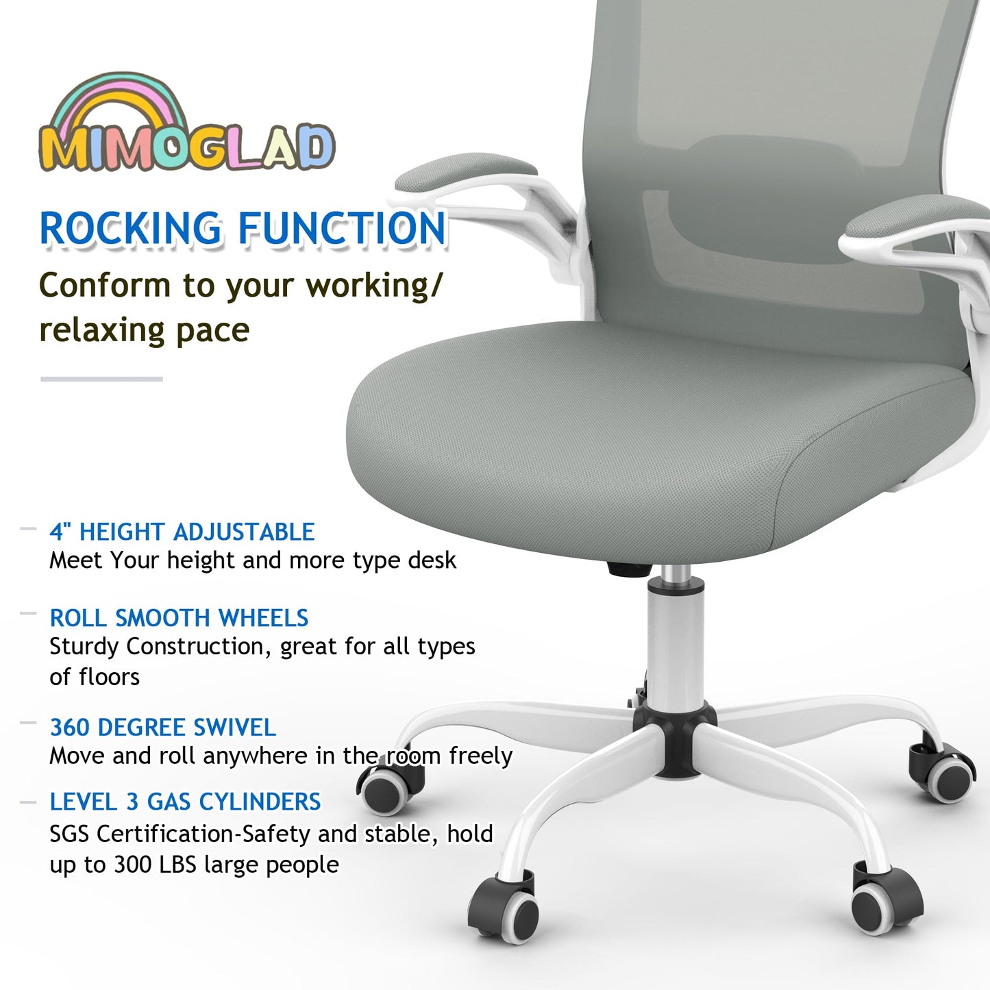 Mimoglad Ergonomic High Back Mesh Office Chair, Adjustable Lumbar Support, Thickened Seat Cushion (Modern, Moon Gray)