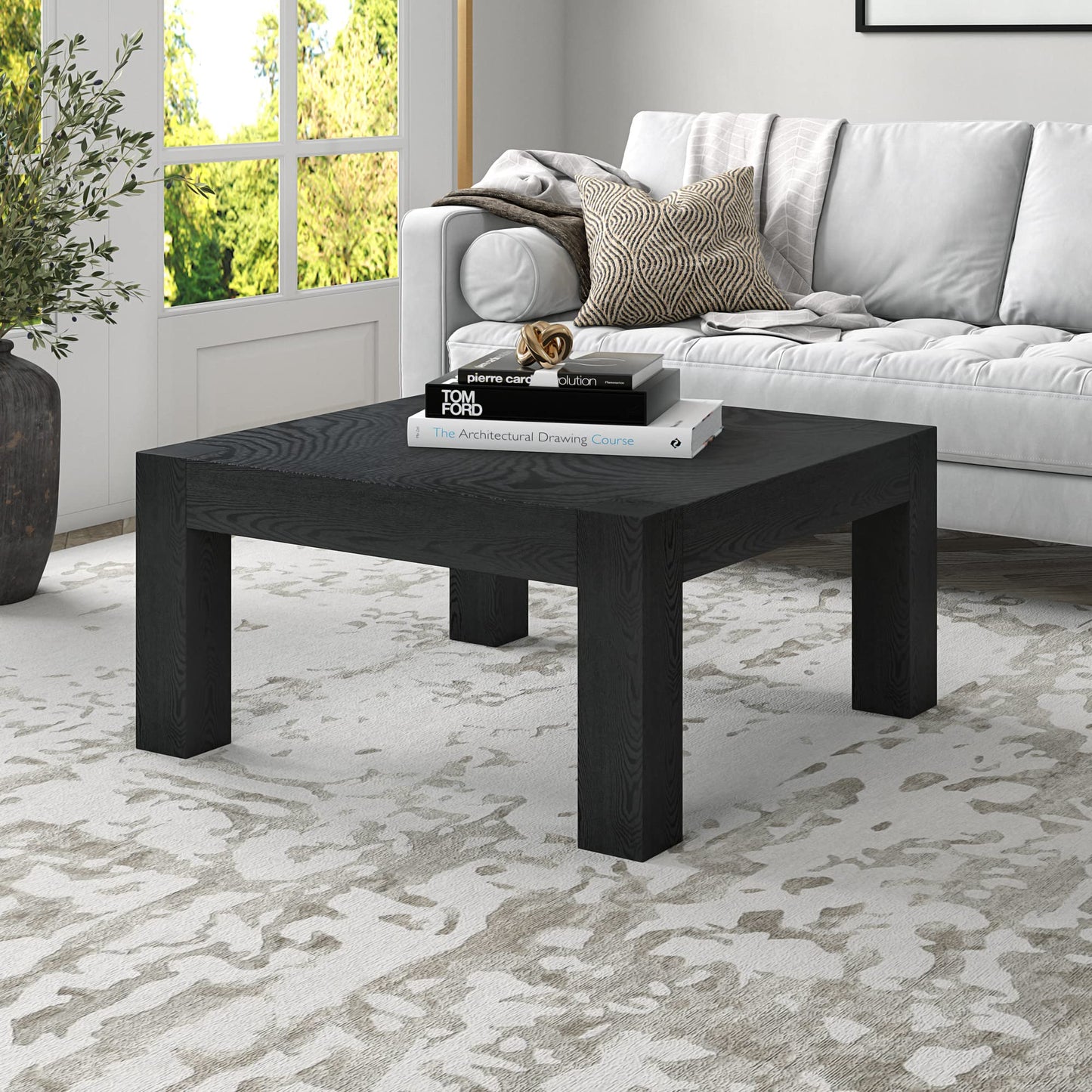 Henn&Hart 34" Square Coffee Table with Wood Top for Living Room, Family Room, Office, or Apartment, Natural Black