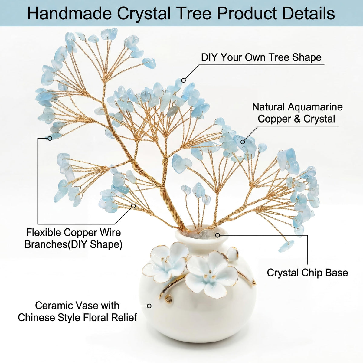 Aquamarine Crystal Tree of Life Decor, Large Chinoiserie Crystal Tree with Ceramic Vase and Gift Box, Blue Healing Money Feng Shui Tree Luck Reiki Balancing Energy Decoration for Women Men Gifts