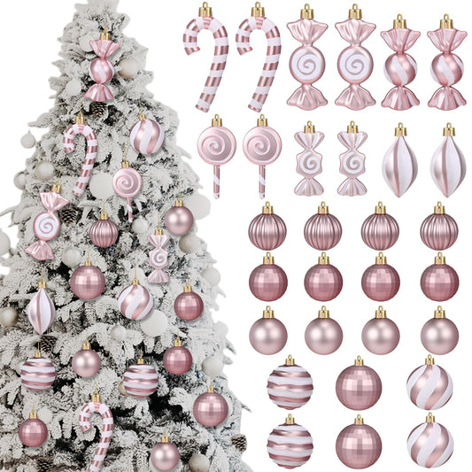 Soulchen 30 Pcs Pastel Pink Valentine's Day Decor Set Pink Valentines Balls Candy Cane Lollipop Decorations Assorted Plastic Valentine Tree Hanging Ornament for Holiday Party Valentine Tree Home Decor