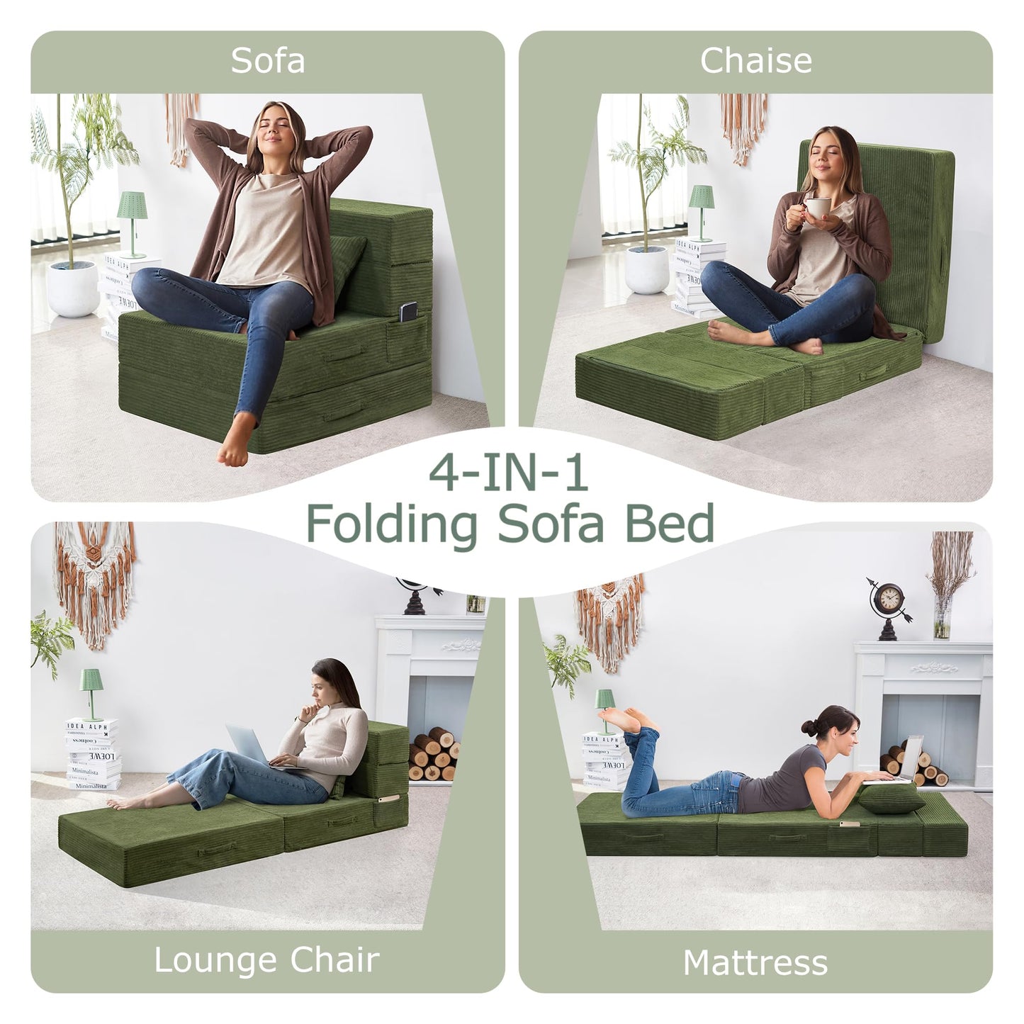 HILERO Folding Sofa Bed, 4 in 1 Convertible Sleeper Chair with Pillow, Single Memory Foam Fold Out Chair Bed, Modern Floor Futon Sofa Couch Mattress for Living Room/Guest/Apartment, Green