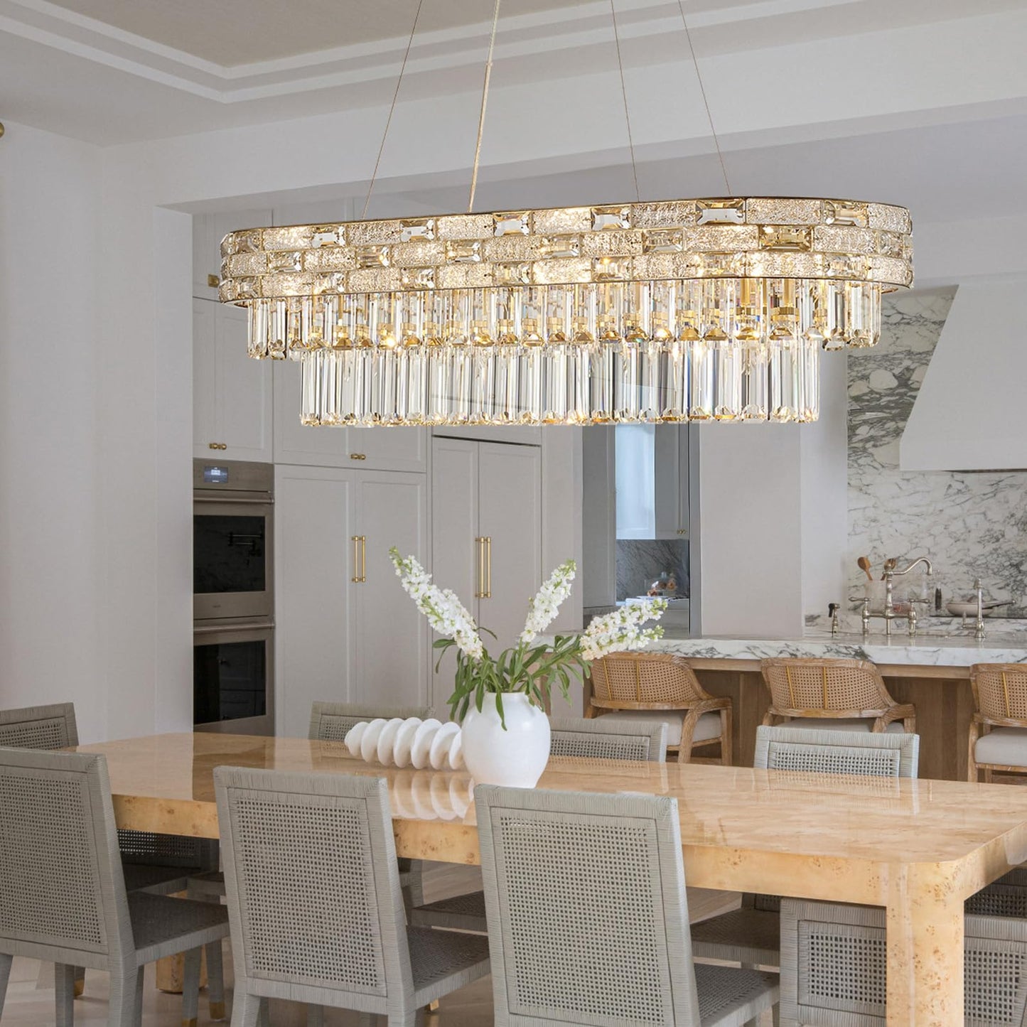 HUANXISHA 34.3" L Modern Crystal Chandeliers for Dining Room 12 Lights Gold Chandelier Large Luxury Chandelier Pendant Light Fixture, Kitchen Island,Entryway,Living Room 34.3" L x 8.7" H
