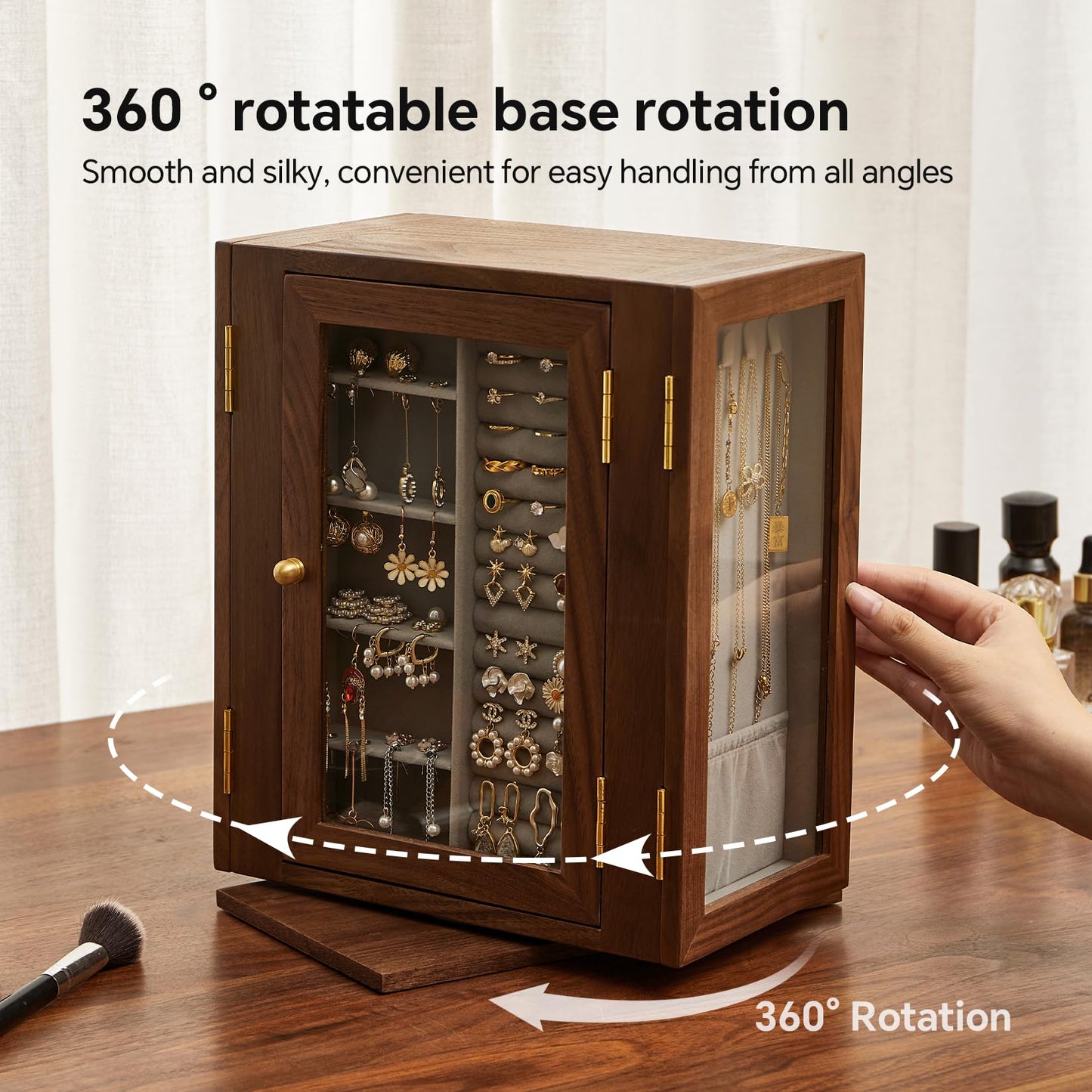 THFLSTR Wooden Jewelry Box for Women, 360 Rotating Design,Large Jewelry Organizer with Velvet Lining, 5 Drawers, Transparent Glass Doors, Black Walnut Wood Grain, Jewelry Storage Organizer