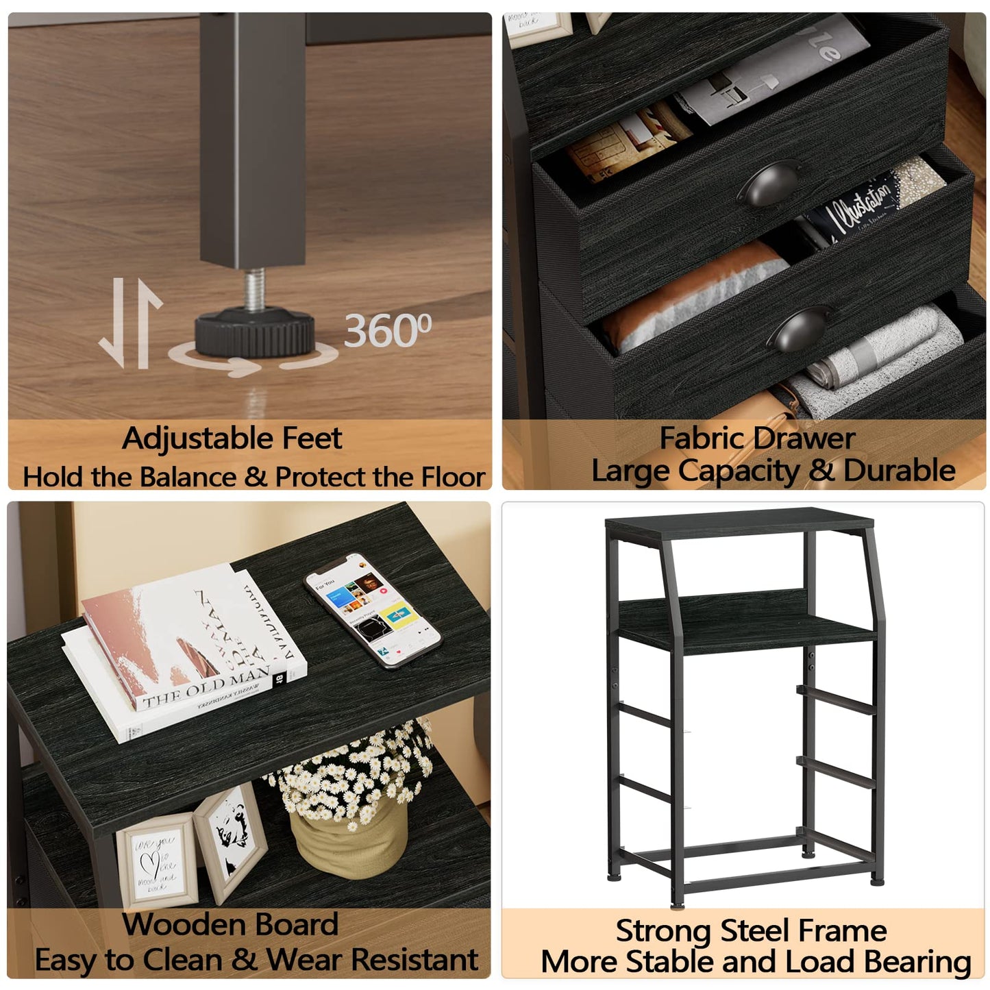 Furnulem Black Night Stand, Small Dresser for Bedroom, Nightstand with 3 Fabric Storage Drawers and 2-Tier Shelf, End Table Side Furniture for Closet, Hallway, Nursery, Sturdy Steel Frame, Wood Top