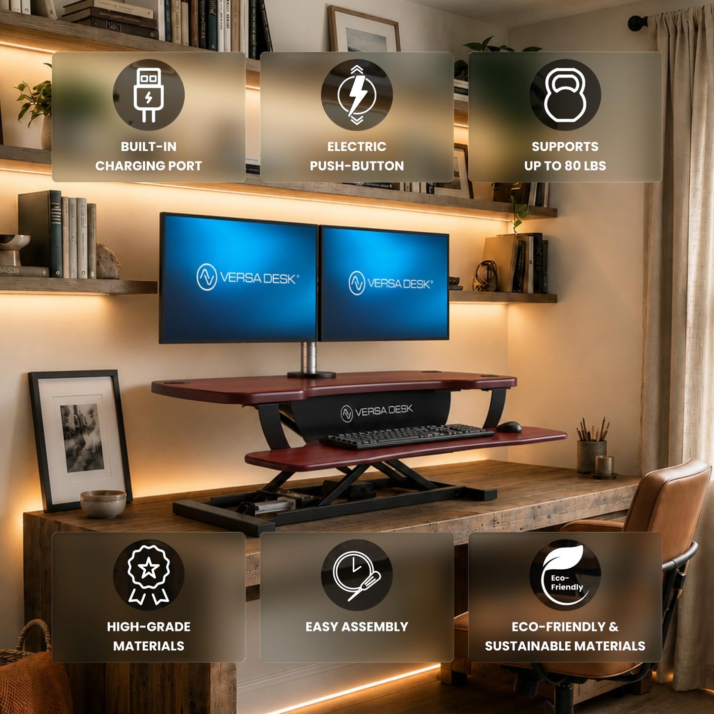 VERSADESK PowerPro 40” x 24” Standing Desk Converter | 7.75” - 23.5” Electric Height Adjustable Sit to Stand Desk Riser w/ Keyboard Tray & USB Hub - Ergonomic Workstation for Home & Office, Cherry