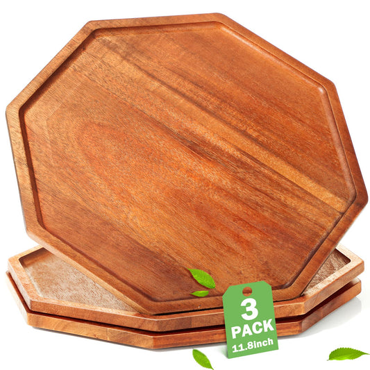 Sabary 3 Pieces Acacia Wood Serving Tray Wooden Octagon Bread Fruit Platter Large Decorative Plates Charcuterie Cheese Platter Board Vegetable Food Dish for Salad Pizza Cupcakes(12")