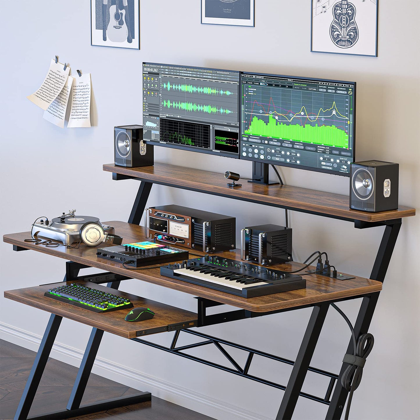 Armocity Music Studio Desk Production Workstation - 47" Recording Studio Desks for Producer with Power Outlet, Studio Workstation for Music Recording, Home Studio Table Desk, Rustic Brown