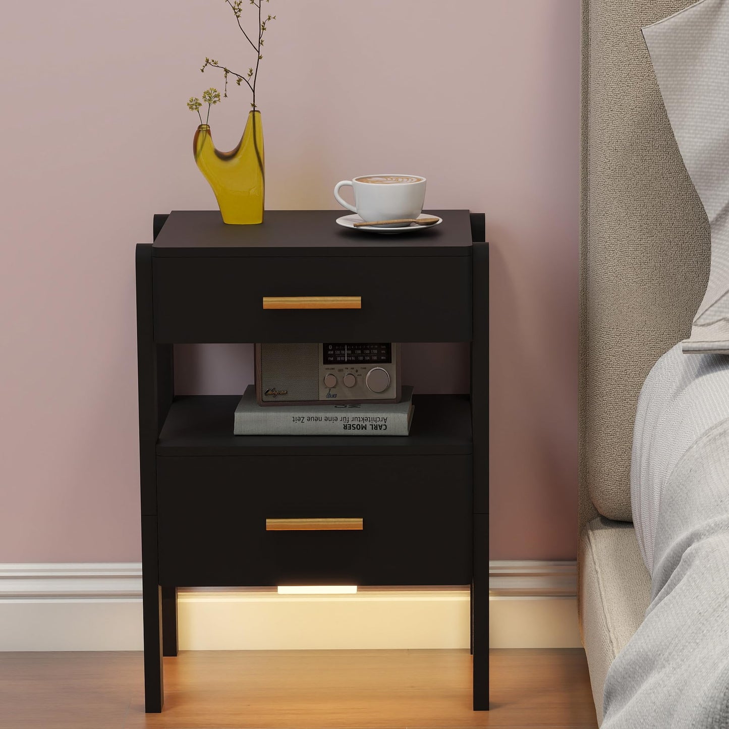 Tltaroni Nightstand with 2 Drawers and Open Shelf Wooden Bedside Table Gold Handles Modern Storage Night Stand Sensor Light for Bedroom, Black