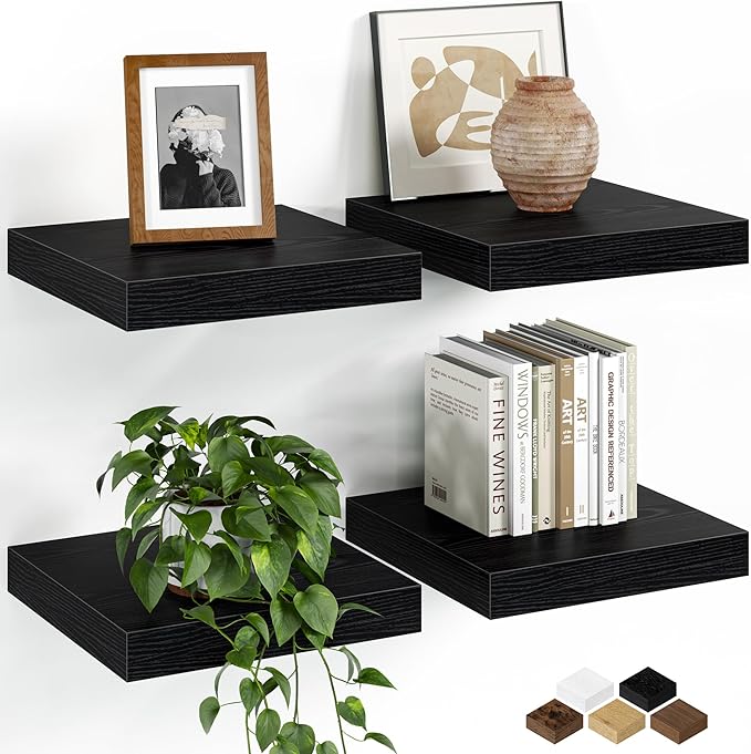 Fun Memories Floating Shelves for Wall, 9.3 Inch Set of 4 Rustic Wood Wall