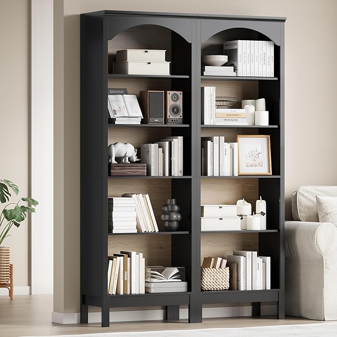 Arched Set of 2 Bookshelf with 5 Tier Open Shelves, Living Room, Modern Black