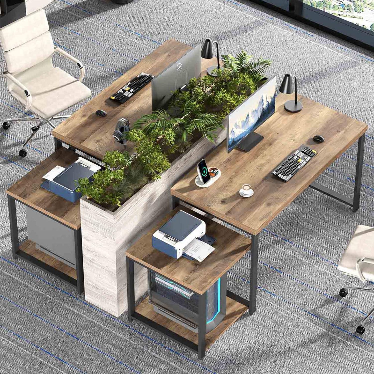 FOLUBAN 63 Inch Large Computer Desk with Printer Space & PC Tower Stand, Modern Wood Home Office Desk Workstation with Storage Shelves, Writing Study Gaming Table, Rustic Oak