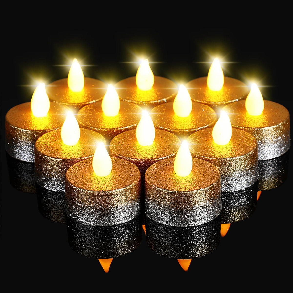 Retisee 48Pcs Flameless LED Tea Lights Glitter Electric Fake Candles for Centerpieces Battery Operated Anniversary Romantic Winter Decor for Wedding Christmas Birthday (Gold,Silver,1.65 Inch)
