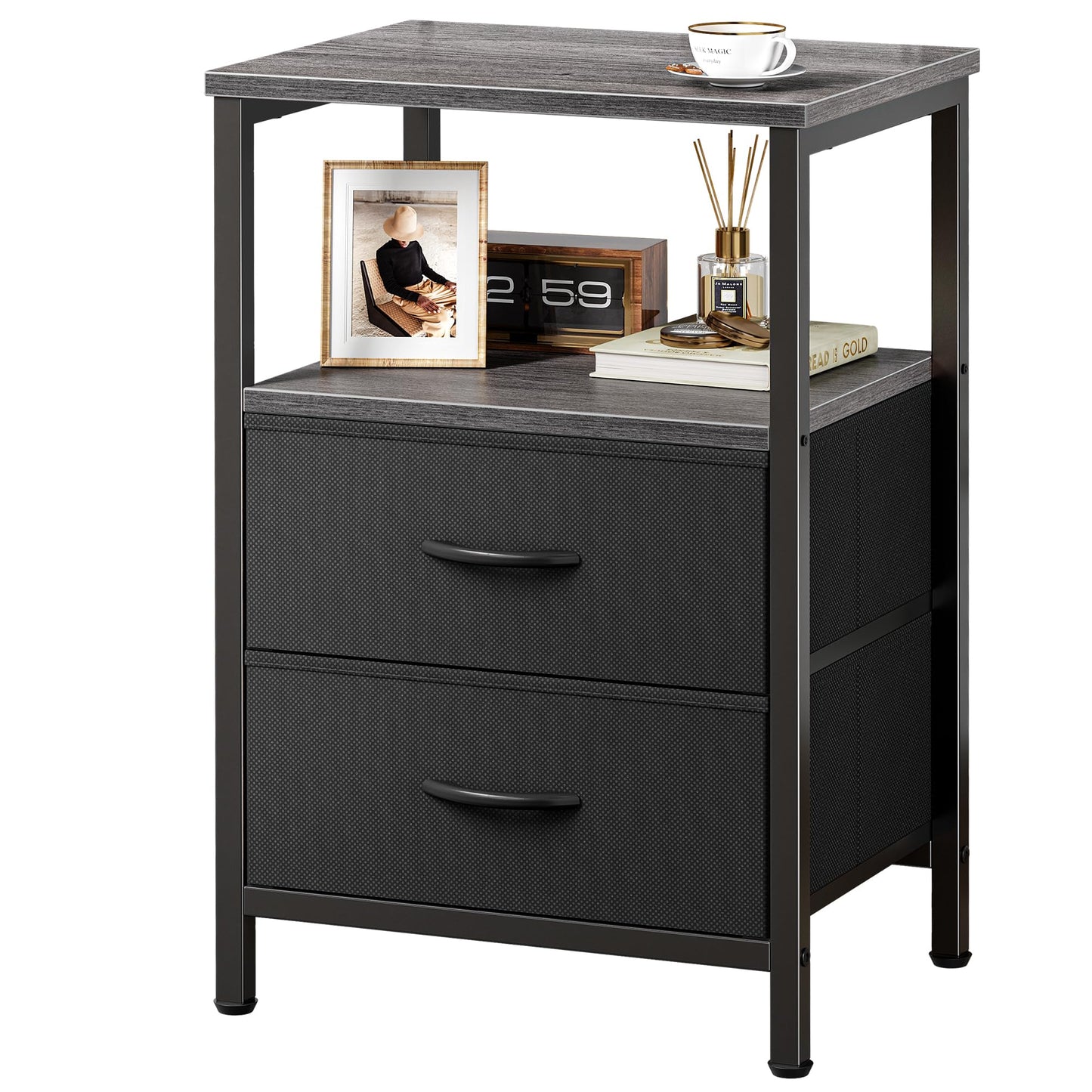 Huuger Night Stand with 2 Drawers, Bed Side Table with Open Shelf, Wooden Top, Nightstand for Bedroom, End Table for Small Space, Fabric Drawer, Grey