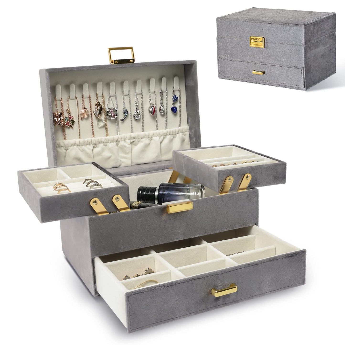 Dajasan Jewelry Organizer Box, Large Velvet Jewelry Boxes for Women Girls, Space-Saving 3 Layers Jewelry Storage Case with Drawer, Movable Metal Stand, Modern, Gift Idea (Grey)