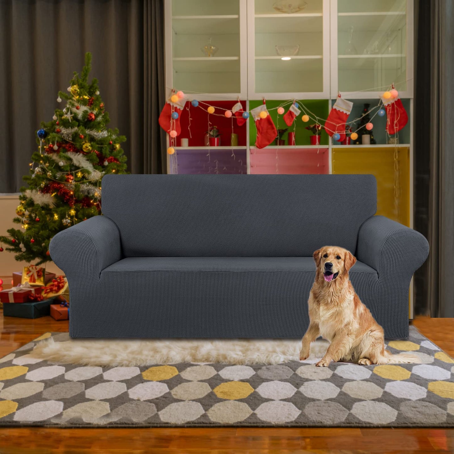 KEKUOU Stretch Loveseat Sofa Cover Slipcover,Couch Covers for 2 Cushion Couch Sofa (55"-78") Furniture Protector Sofa with Elastic Bottom for Kids,Dog. Jacquard Small Checked (Medium,Charcoal)