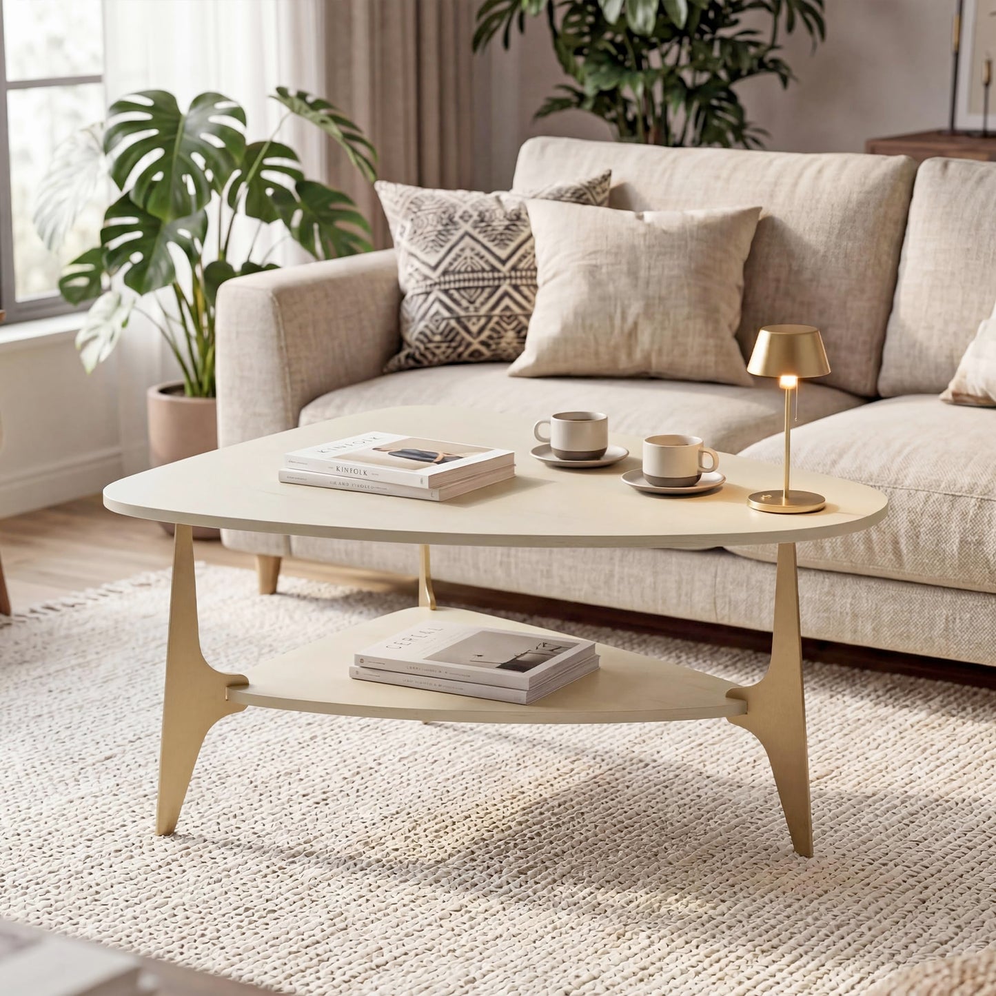MWOOD Triangle Coffee Table, 33.5″‌ Modern Coffee Table with Storage Shelf, Waterproof Easy to Clean Center Table for Living Room, Apartment, White & Gold