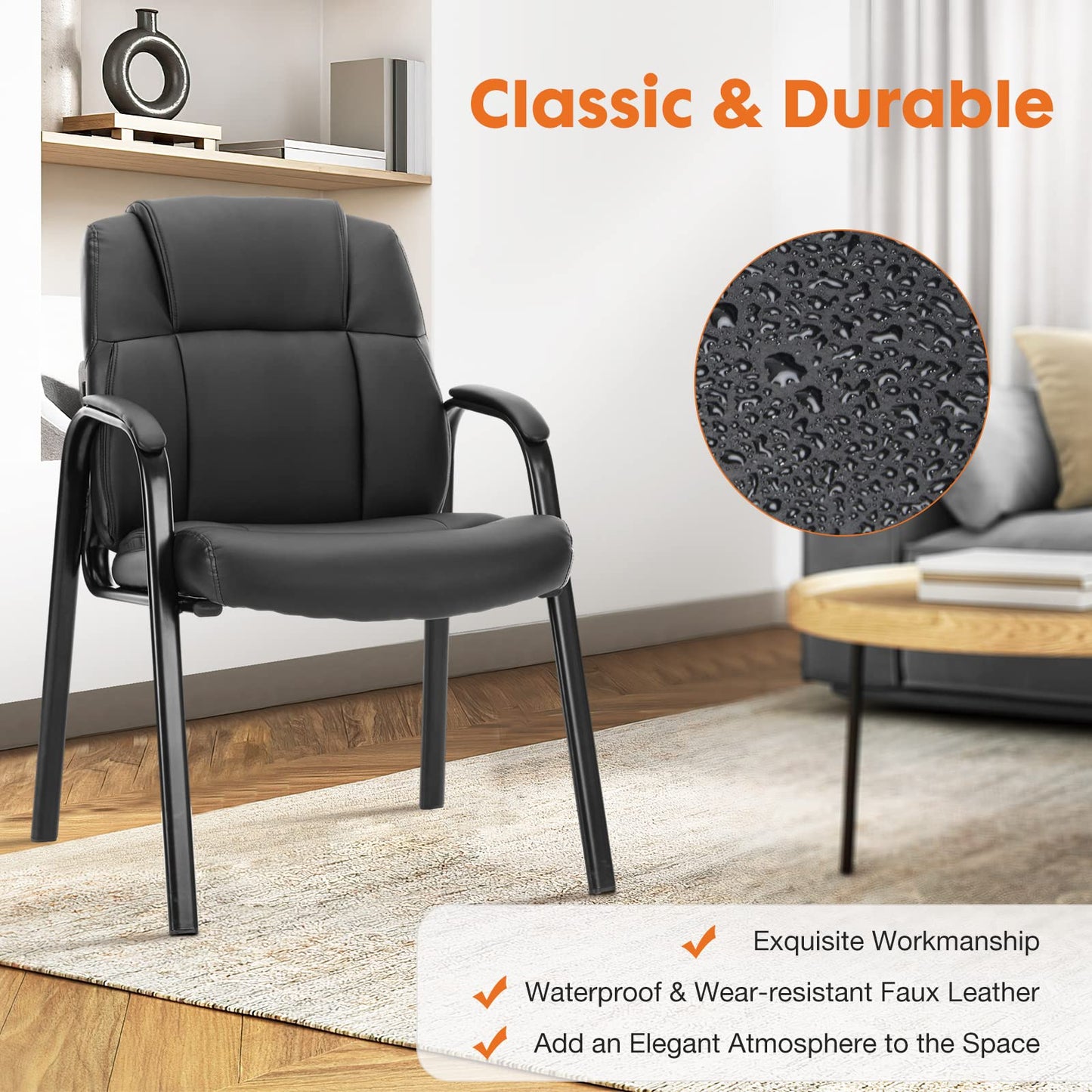 Sweetcrispy Waiting Room Guest Chair, Office Desk Reception Chair PU Leather No Wheels with Padded Armrest for Conference Lobby Area Meeting Medical Clinic Room