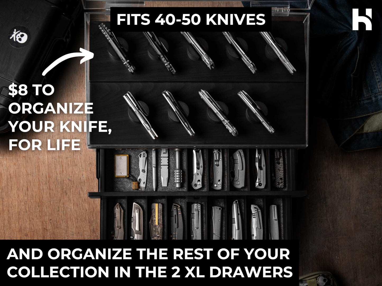 Premium Pocket Knife Display Case for 50 Knives - Extra Large Wooden Knife Organizer, Storage & Holder with Unique Pillars, 2 Drawers - Knife Collection Box - Handcrafted Birthday Present for Men