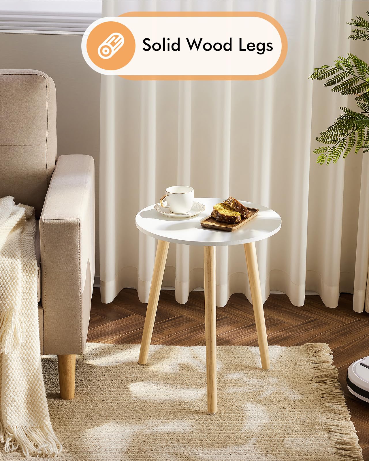 Apicizon Round Side Table Set of 2, White Nightstand Coffee End Table for Living Room, Bedroom, Small Spaces, Modern Home Decor Bedside Table with Natural Wood Legs, 16.5 Inches
