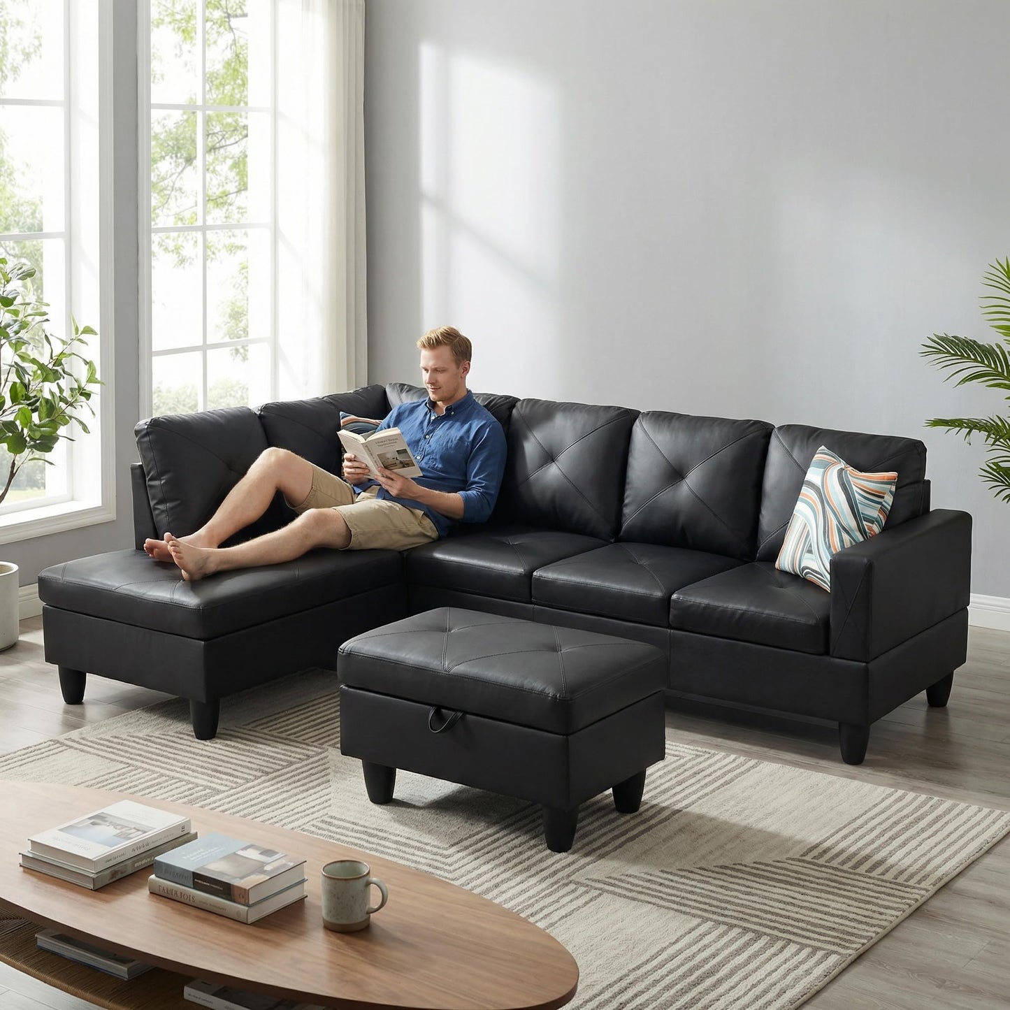 Trygoal 97" Leather 4-Seat L-Shaped Sectional Sofa with Movable Chaise & Storage Ottoman - 3-Piece Modular Convertible Couch for Living Room, Bedroom, Apartment & Office, Gloss Black