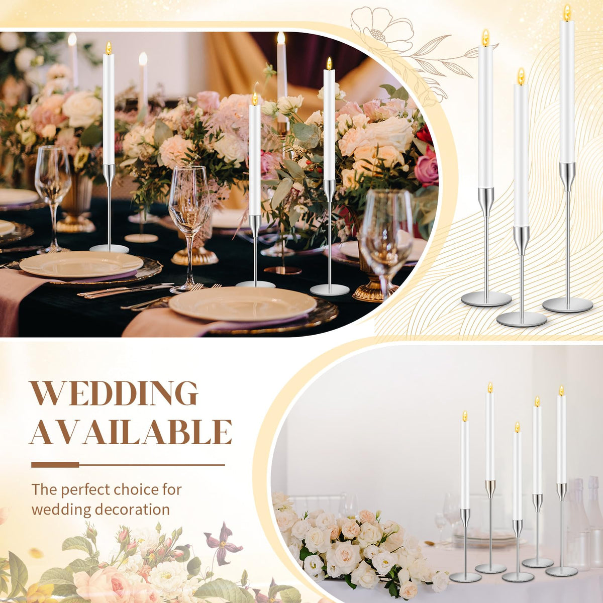 FillTouch 30 Pcs Silver Candlestick Holders with Flameless LED Candles Bulk Includes 15 Metal Candle Holders and 15 Battery Operated Taper Candles for Wedding Valentines Table Centerpieces Home Decor