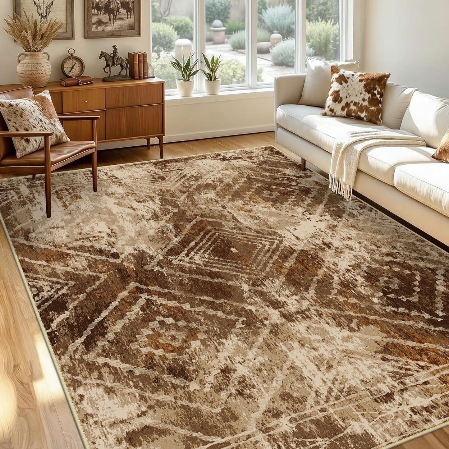 BESTSWEETIE Area Rug 8x10 Rug Machine Washable Non-Slip Low Pile Print Pattern Western Rug for Living Room Bedroom Entryway Tribal Series-Abstract/Cowhide