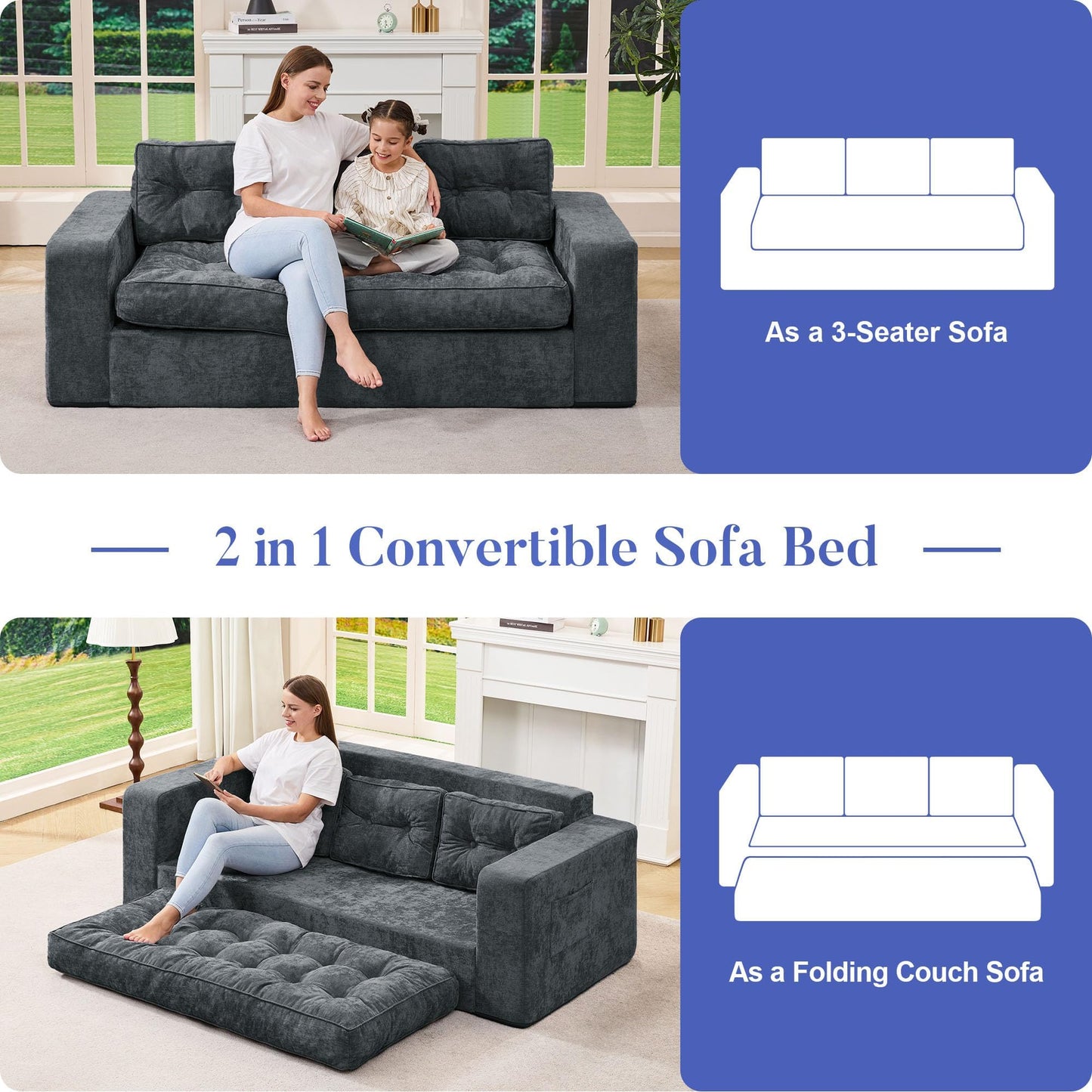 Hobestluk 3-Seater Sofa Boneless Couch with Tufted Button Design 2 in 1 Comfy Cloud Couch Oversized Sofa for Living Room Bedroom Apartment or Office