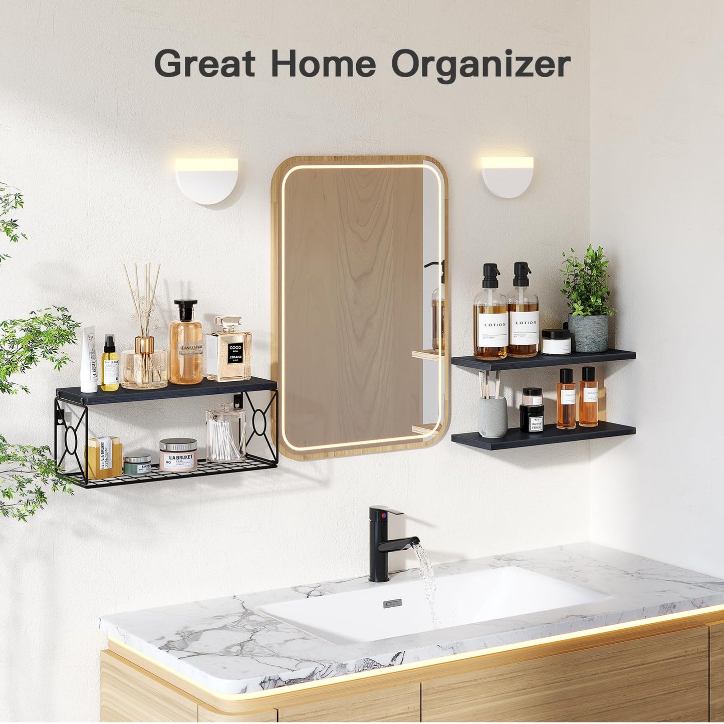 Amada Bathroom Shelves Over Toilet with Storage Basket, Floating Wall Shelf for Home Organization & Wall Decor, Bathroom/Kitchen/Living Room Shelves–Black