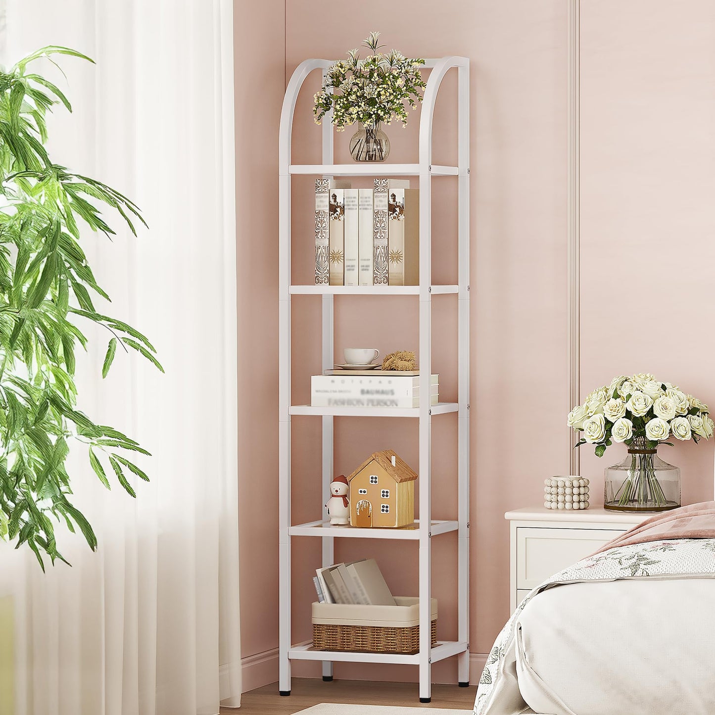 Hzuaneri Bookcase Bookshelf, Tempered Glass Arched Bookshelf for More Storage, Slim Shelving Unit for Bedroom, Bathroom, Home Office, Steel Frame, 5 Tier White BC20599W